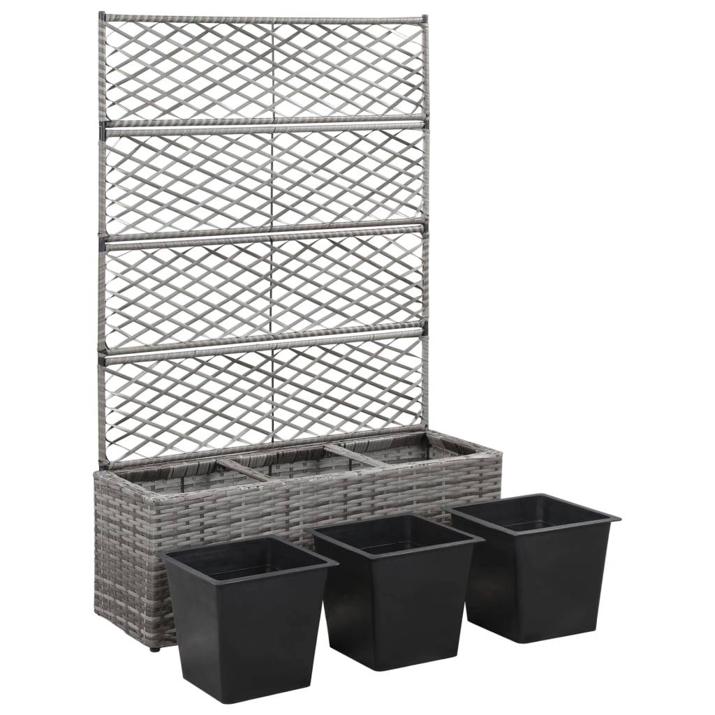 vidaXL Hochbeet mit Rankgitter 3 Töpfe 83×30×130cm Poly Rattan Grau