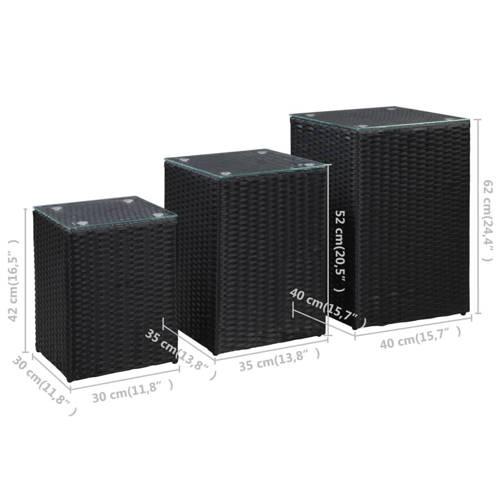 vidaXL Beistelltische 3 Stk. mit Glasplatte Schwarz Poly Rattan
