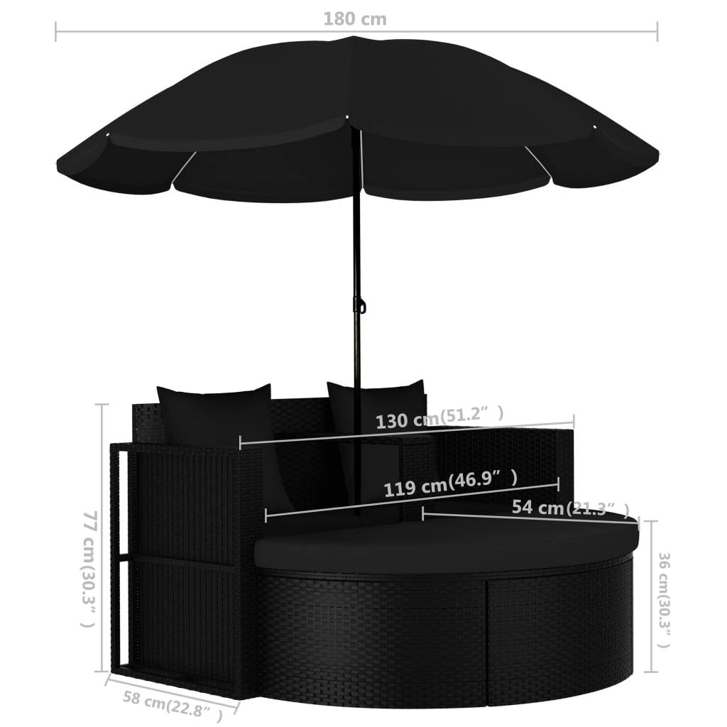 vidaXL Gartenbett mit Sonnenschirm Poly Rattan Schwarz