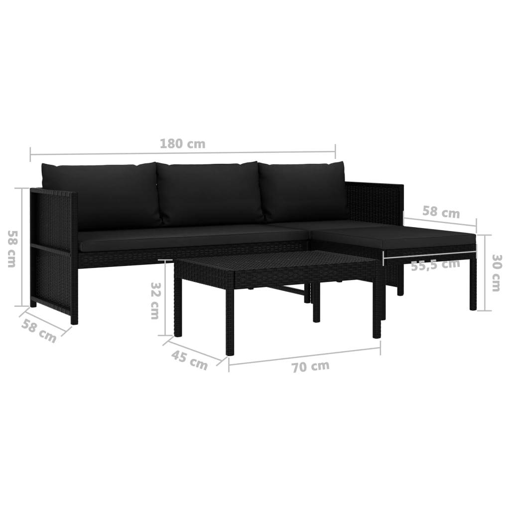 vidaXL 3-tlg. Garten-Lounge-Set mit Auflagen Poly Rattan Schwarz