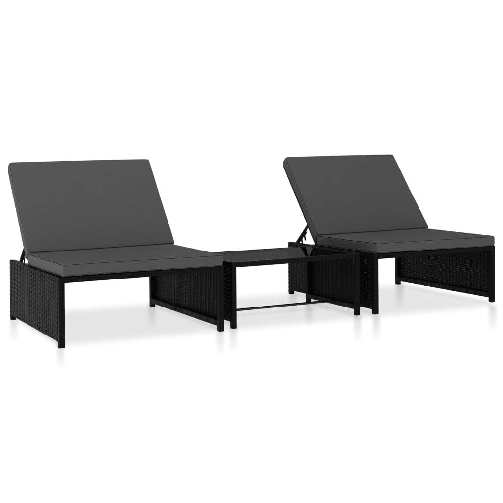vidaXL Sonnenliegen 2 Stk. mit Tisch Poly Rattan Schwarz