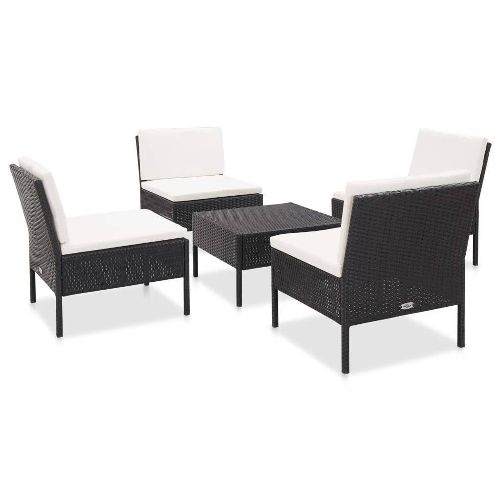 vidaXL 5-tlg. Garten-Sofagarnitur mit Auflagen Poly Rattan Schwarz