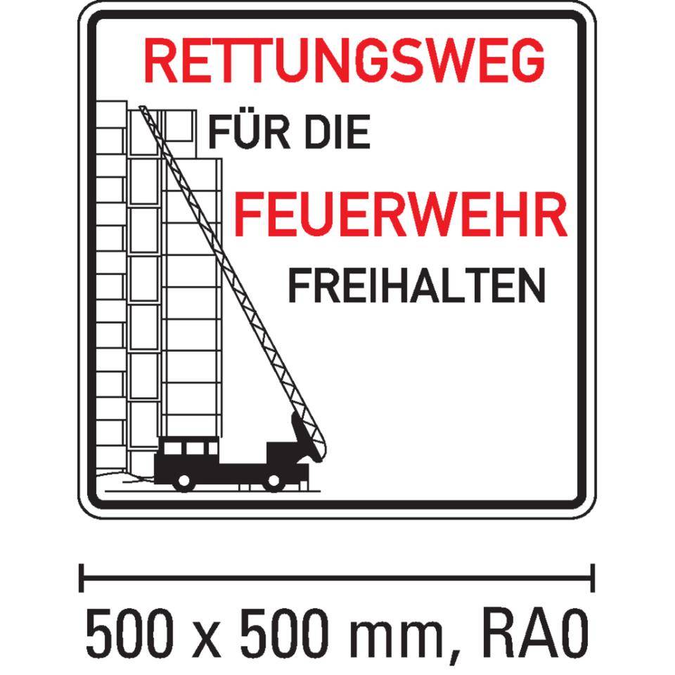 Hinweisschild Rettungsweg für Feuerwehr..., Aluminium RA0, reflektierend, 500x500mm, DIN 67520, nach StVO