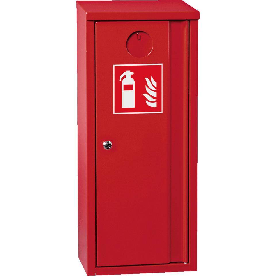 Feuerlöscher-Schutzbehälter, Typ A, für Feuerlöscher bis 12kg, mit Zylinderschloß, rot, Stahlblech