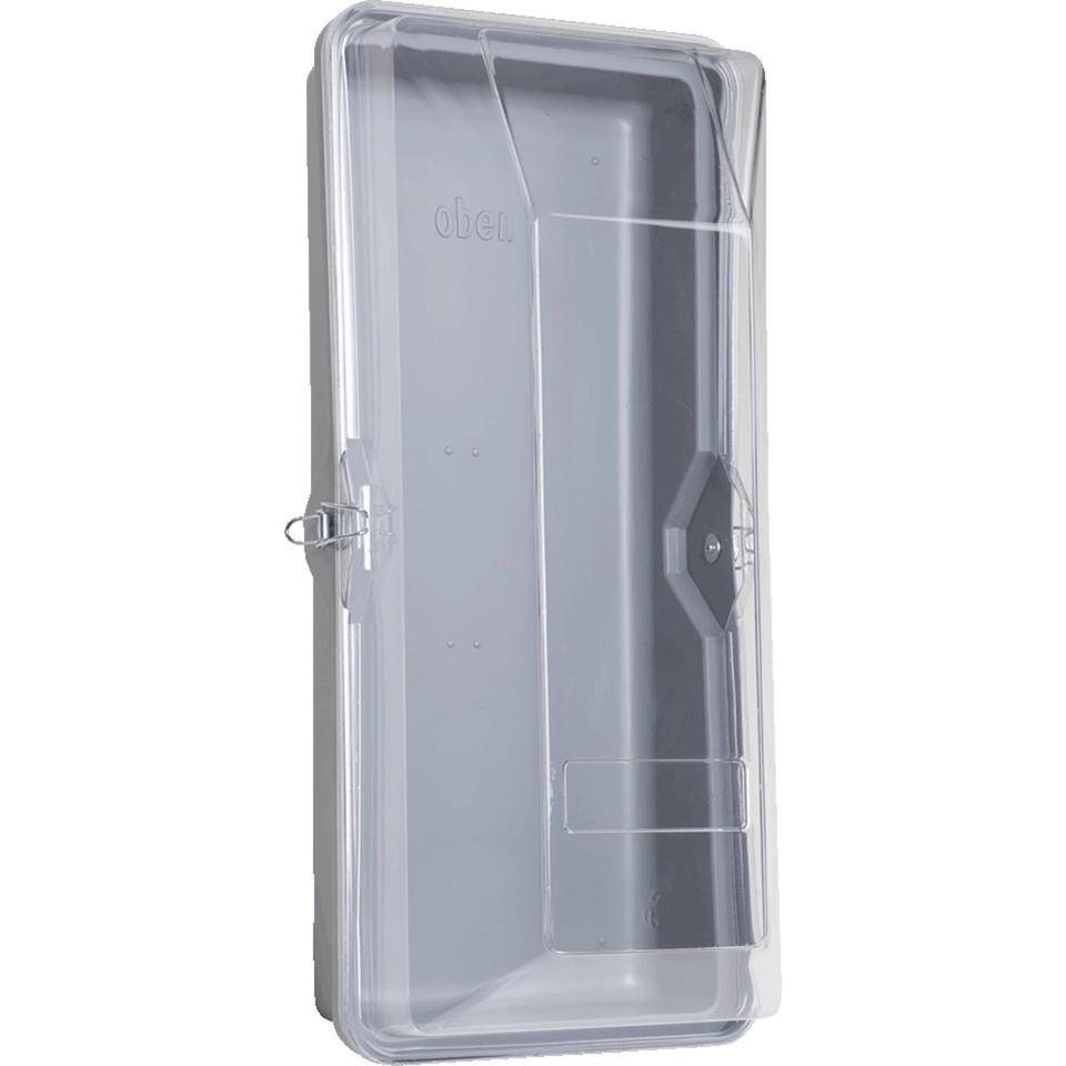 Feuerlöscher-Schutzbehälter, Typ C, für Feuerlöscher bis 6kg, Hakenverschlüsse, grau/transparent, Polystyrol