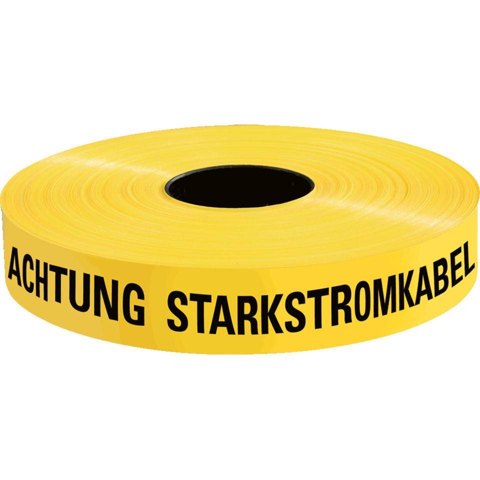 Trassenwarnband Achtung Starkstromkabel, gelb, Polyethylen, 40mm, 250m/Rolle