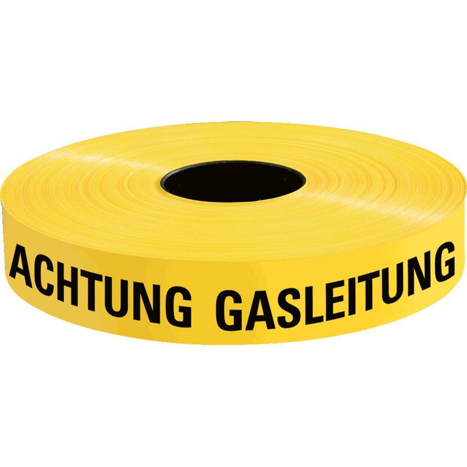Trassenwarnband Achtung Gasleitung, gelb, Polyethylen, 40mm, 250m/Rolle
