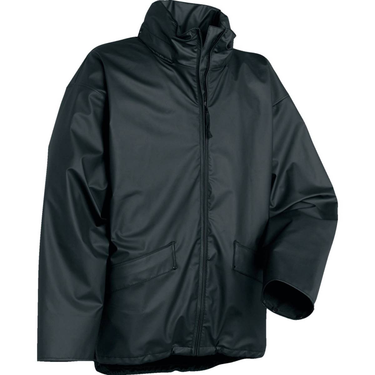 Eine schwarze wasserdichte Jacke mit hohem Kragen und zwei vorderen Taschen, entworfen zum Schutz vor Regen und Wind.