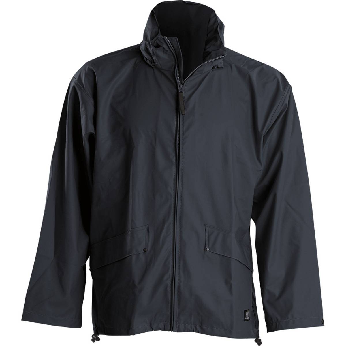Eine schwarze wasserdichte Jacke mit hohem Kragen und Reißverschluss, ausgestattet mit zwei vorderen Taschen und verstellbaren Taillen-Kordelzügen.