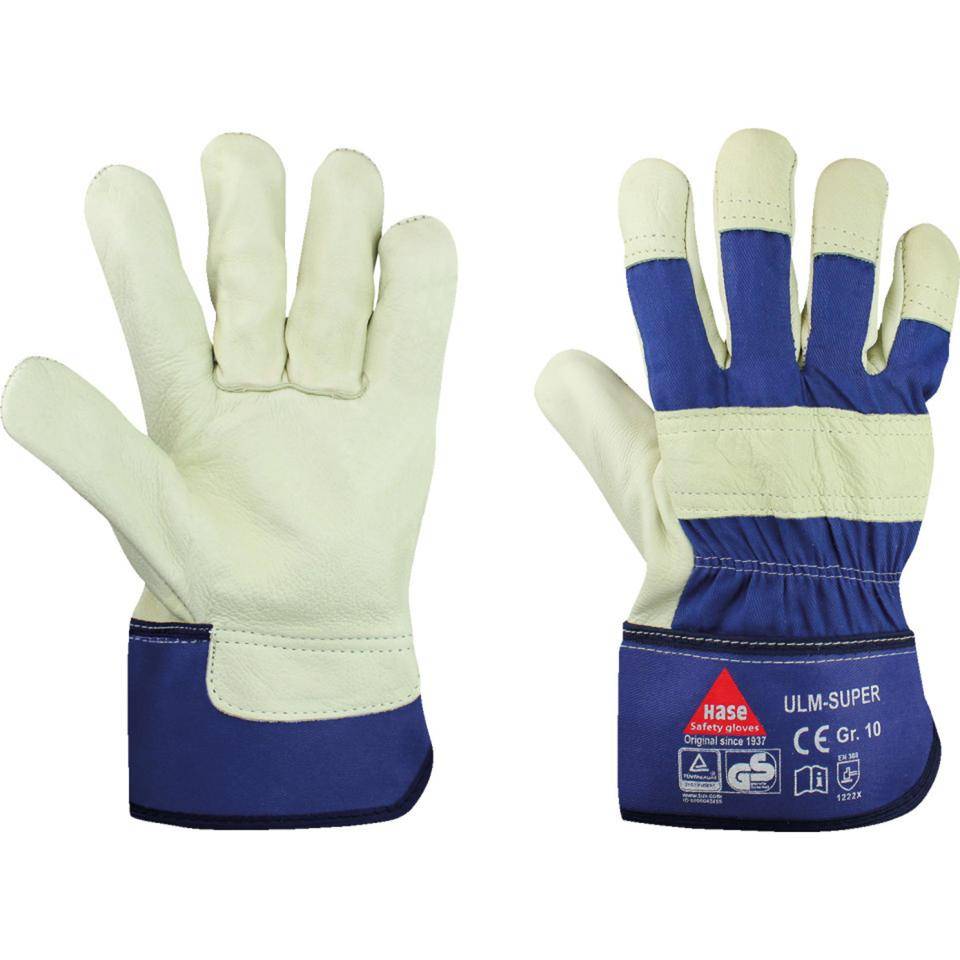 Arbeitshandschuhe ULM-SUPER, Kategorie II, natur/blau, Narbenleder, 270mm, Größe 10