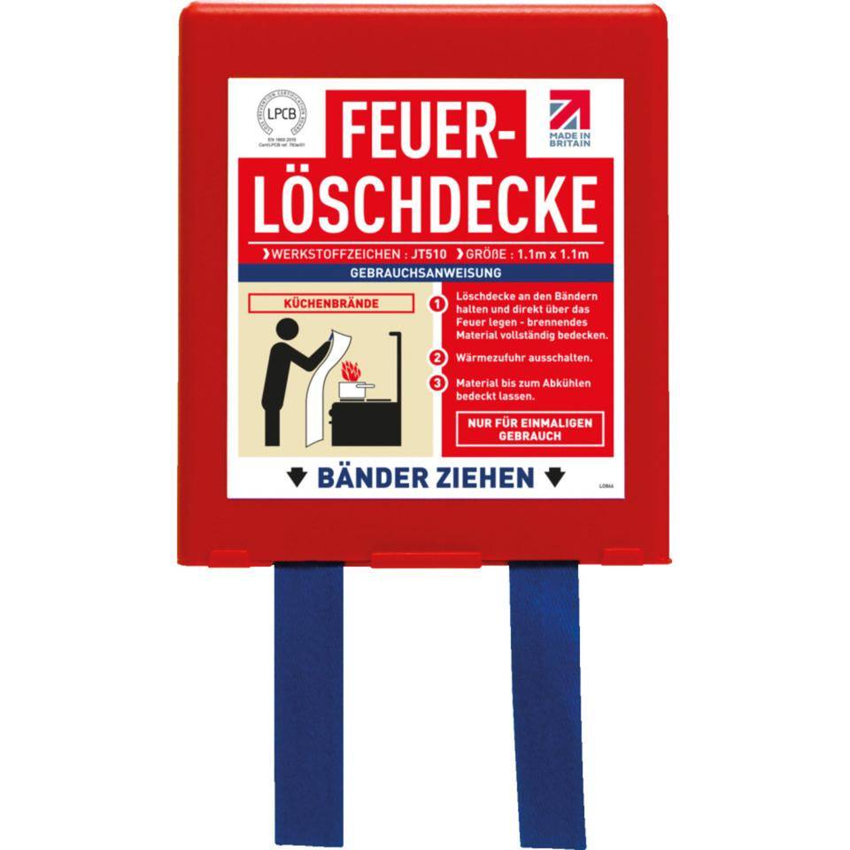 Feuerlöschdecke, mit 2 Zuglaschen, Glasfasergewebe, 1100x1100mm,Lieferung inkl. Kunststoffbox, ohne Befestigungsmaterial