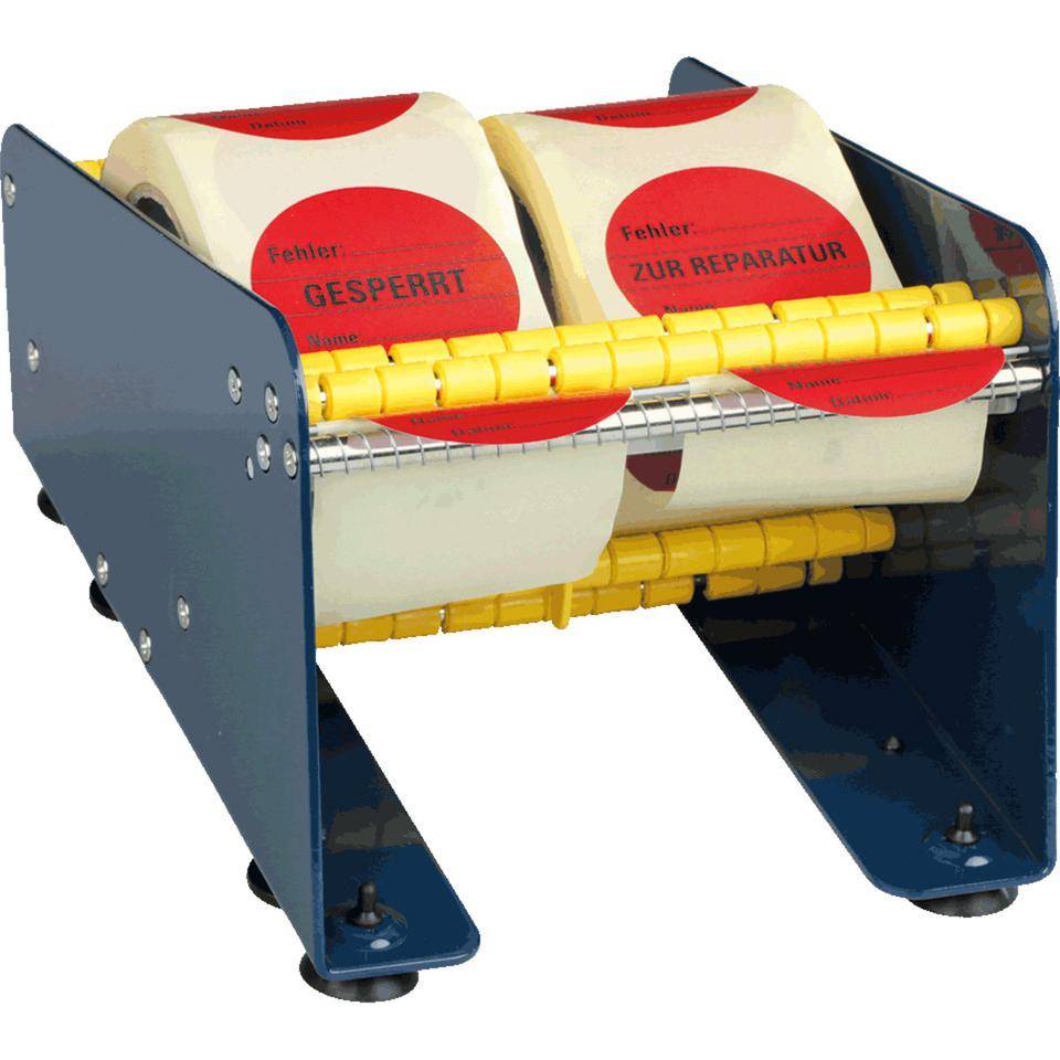 Tisch-Etikettenspender mit 3 Rollenteilern, blau, Stahl, Nutzbreite 212mm