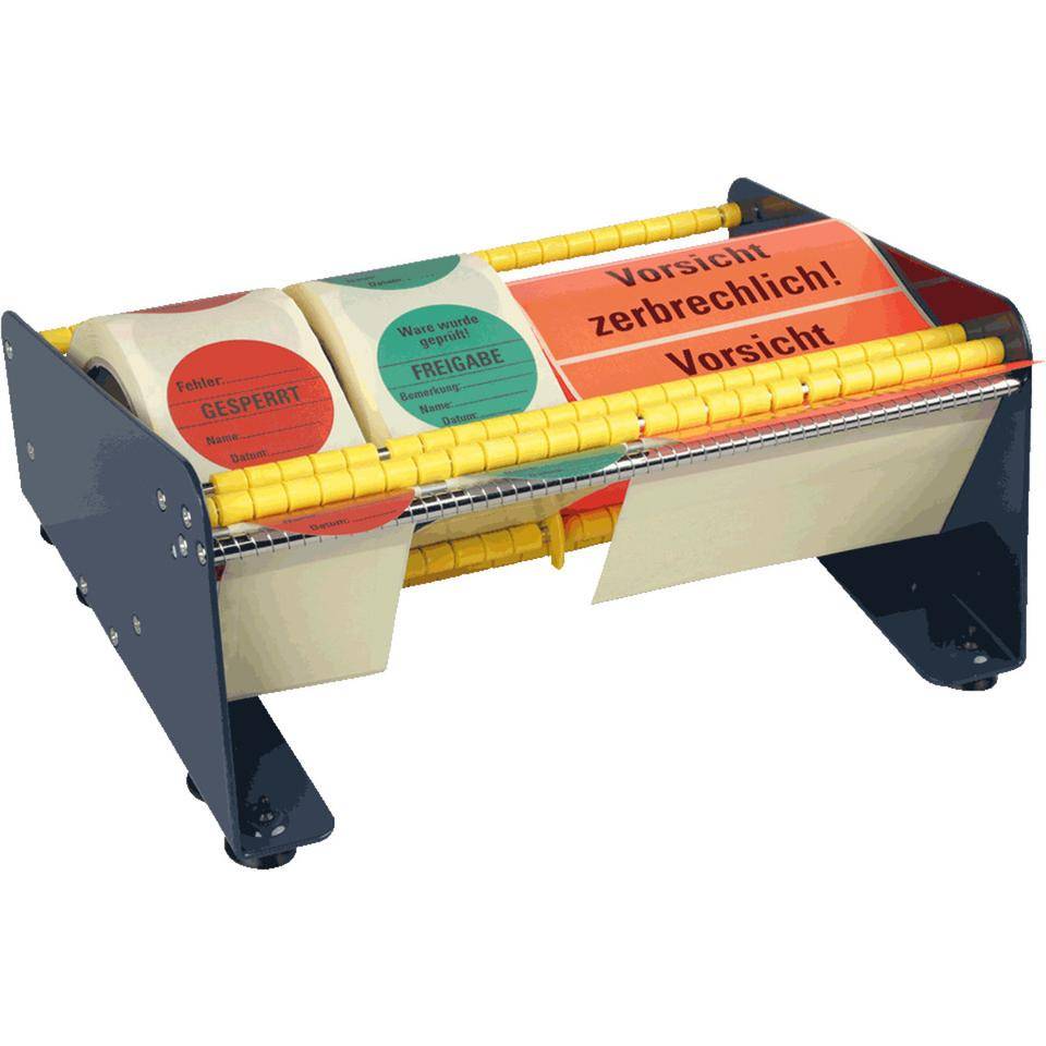Tisch-Etikettenspender mit 4 Rollenteilern, blau, Stahl, Nutzbreite 315mm