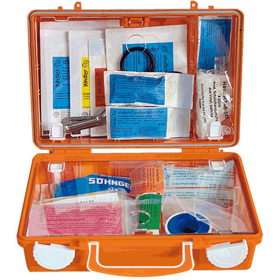 SÖHNGEN® Erste-Hilfe-Koffer Schule, i.A.a. ASR A4.3 (DIN 13157),orange, Wandhalterung