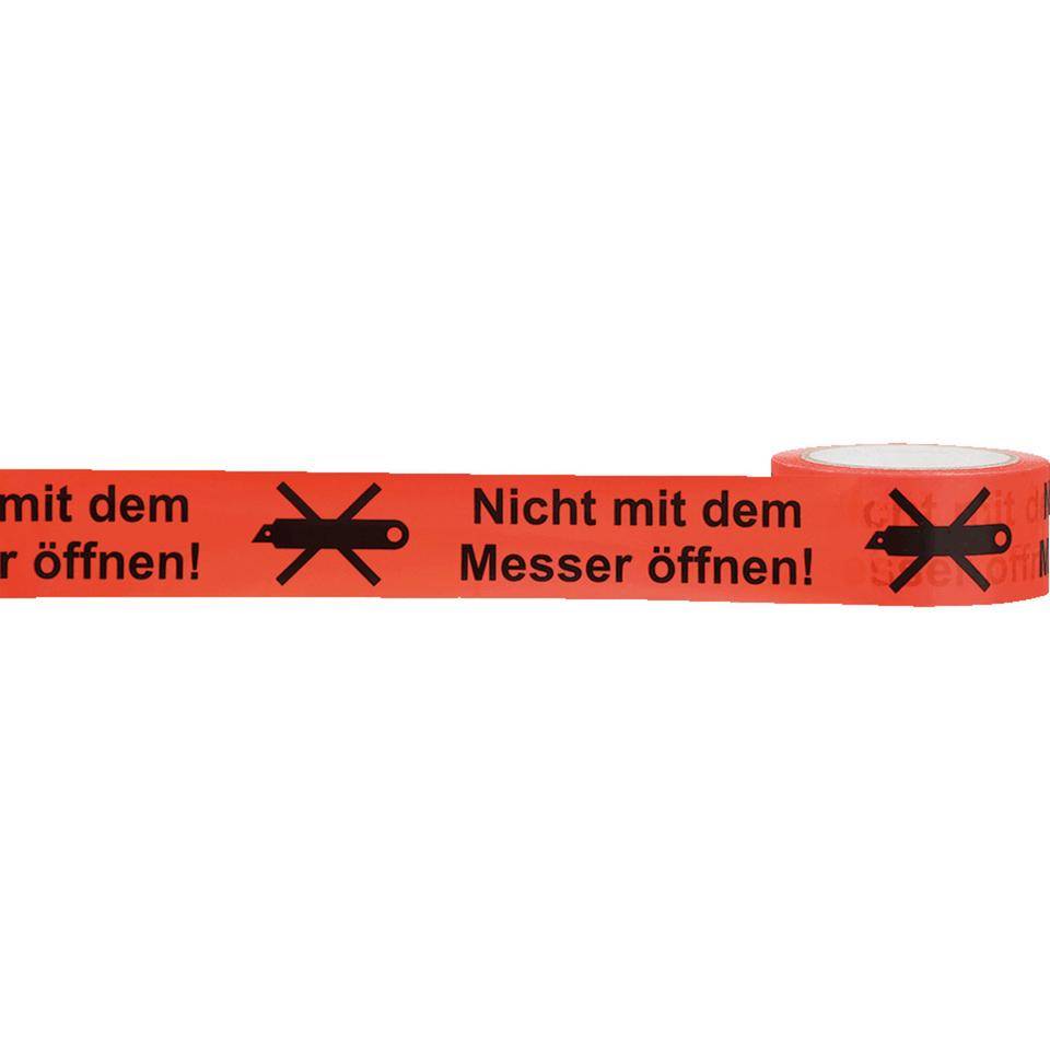 Warnband Nicht mit d.Messer öffnen, rot/schwarz, Polypropylen, 50mmx66m, 6 Rollen/VE