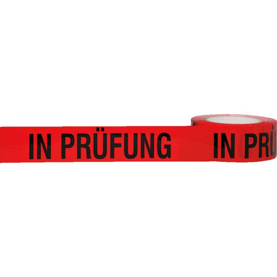 Qualitätsband IN PRÜFUNG, rot/schwarz, Polypropylen, selbstklebend, 50mm, 66m/Rolle