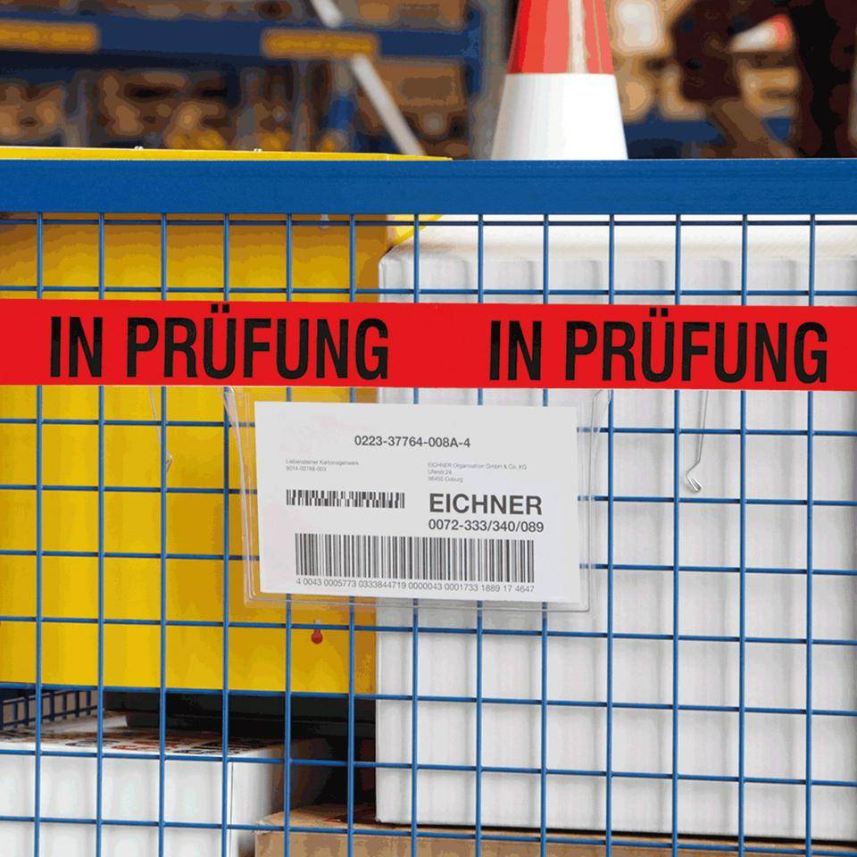 Qualitätsband IN PRÜFUNG, rot/schwarz, Polypropylen, selbstklebend, 50mm, 66m/Rolle