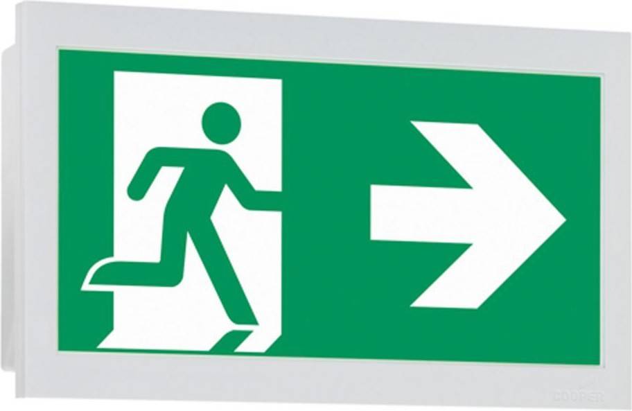 Notausgangsschild mit einer laufenden Figur und einem nach rechts weisenden Pfeil auf grünem Hintergrund, der die Richtung zum Ausgang anzeigt.