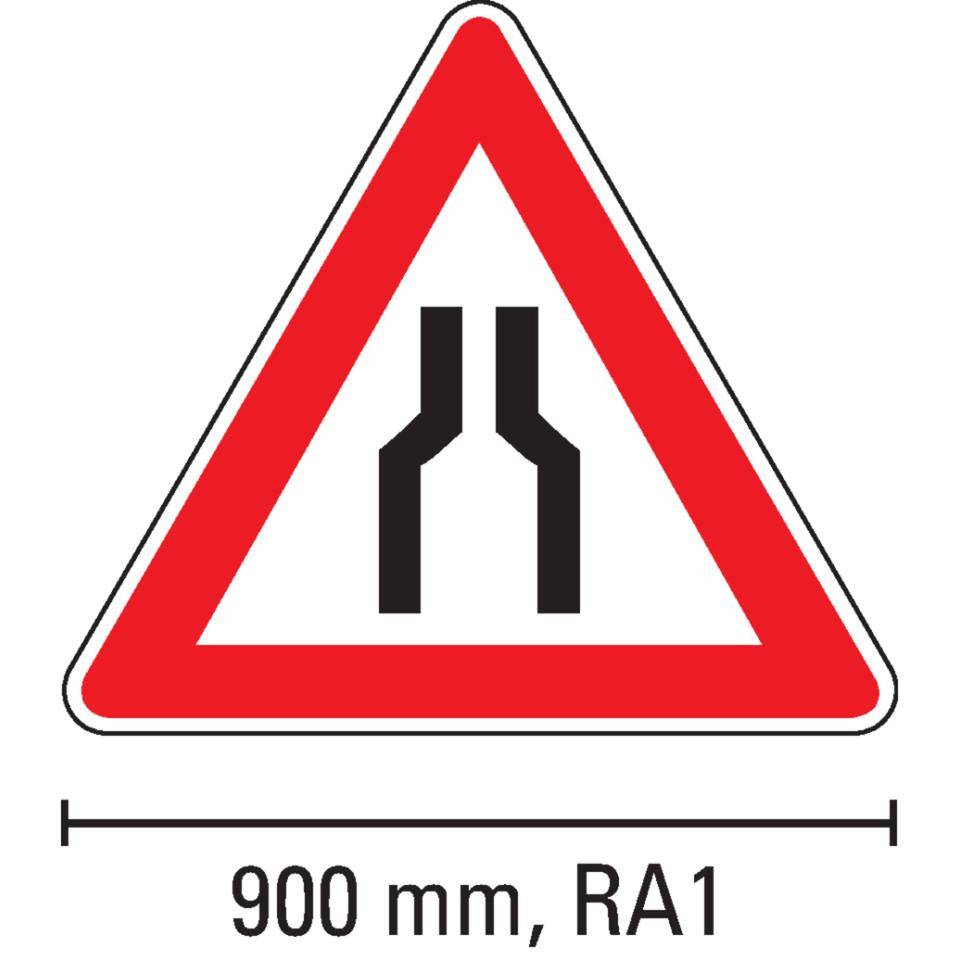 Verkehrszeichen Verengte Fahrbahn, Nr.120, Aluminium RA1, reflektierend, SL 900mm, DIN 67520