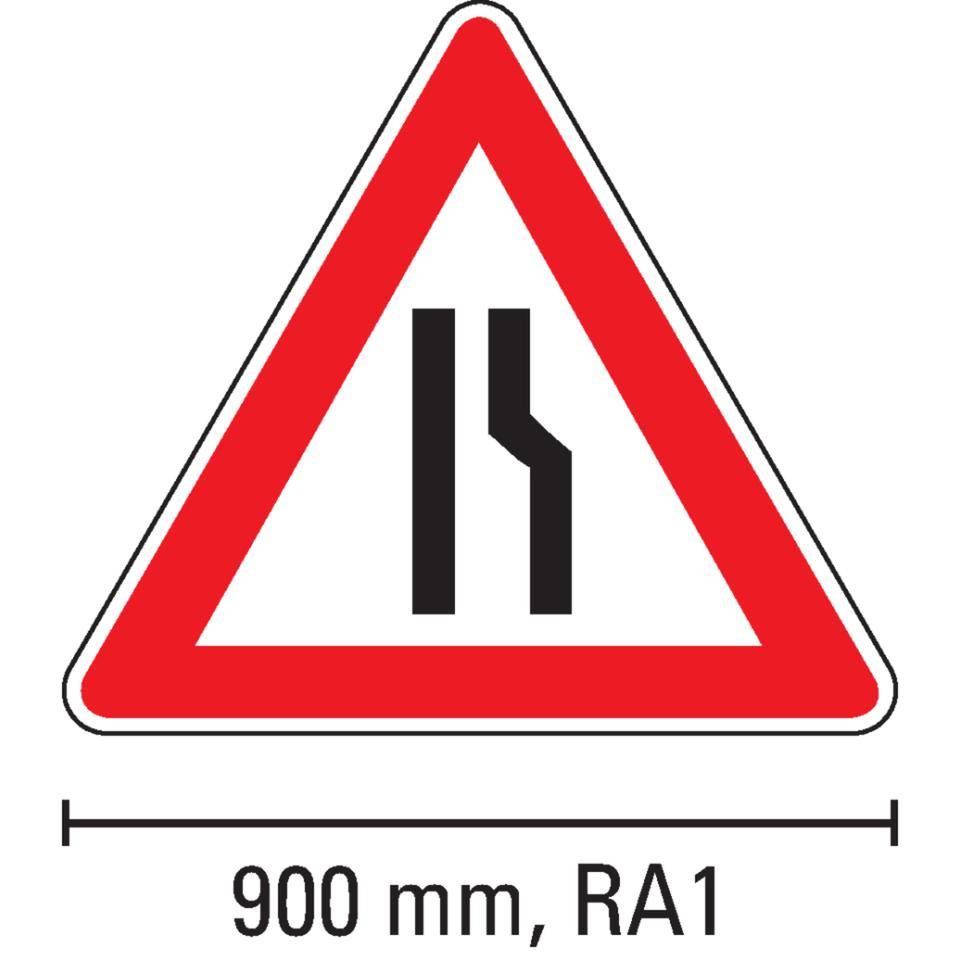 Verkehrszeichen Verengte Fahrbahn rechts, Nr.121-10, Aluminium RA1, reflektierend, SL900mm, DIN 67520