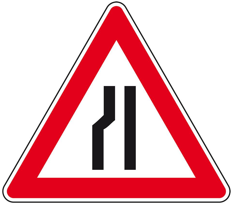 Verkehrszeichen Verengte Fahrbahn links, Nr.121-20, Aluminium RA0, reflektierend, SL 900mm, DIN 67520
