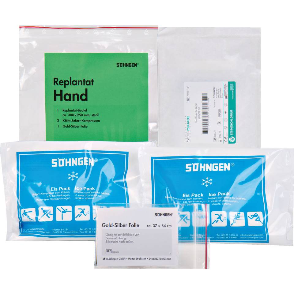 SÖHNGEN® Replantat Notfallset Hand, Doppelwandbeutel und 2 Kälte-Kompressen