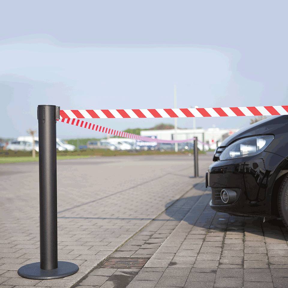 RS-GUIDESYSTEMS Gurtpfosten Indoor, schwarz, Stahl, Gurt r/w schraffiert, 50mm, 9m