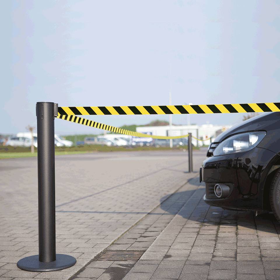 RS-GUIDESYSTEMS Gurtpfosten Indoor, schwarz, Stahl, Gurt ge/s schraffiert, 50mm, 9m