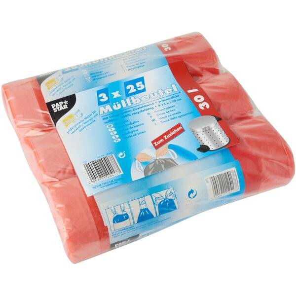 Müllbeutel mit Zugband - 30 L HDPE rot 3x 25 Stück.