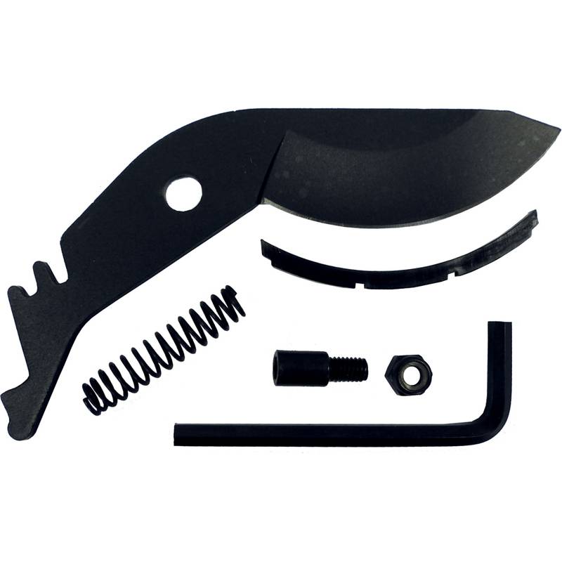 Messer-Ersatzklingenset mit einer Klinge, Feder, Schraube, Mutter und Sechskantschlüssel, auf weißem Hintergrund isoliert.