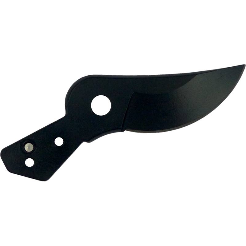 Eine gebogene schwarze Messerklinge mit Löchern in der Nähe des Griffs, wahrscheinlich ein Ersatzteil für ein Werkzeug oder Utensil.