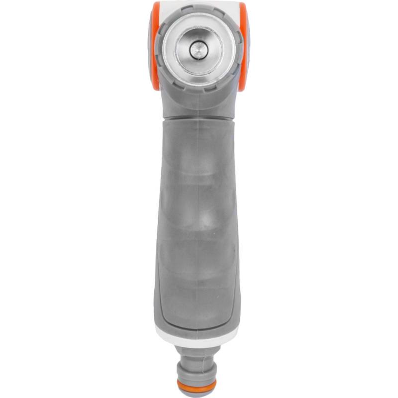 Eine graue und orangefarbene Gartenschlauchdüse mit verstellbarem Sprühkopf wird von vorne gezeigt.