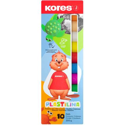 Kores Plastilina Knete-Verpackung mit bunten Knetstifte, Cartoon-Biber, grüner Schildkröte und dem Text '10 Farben, 200g