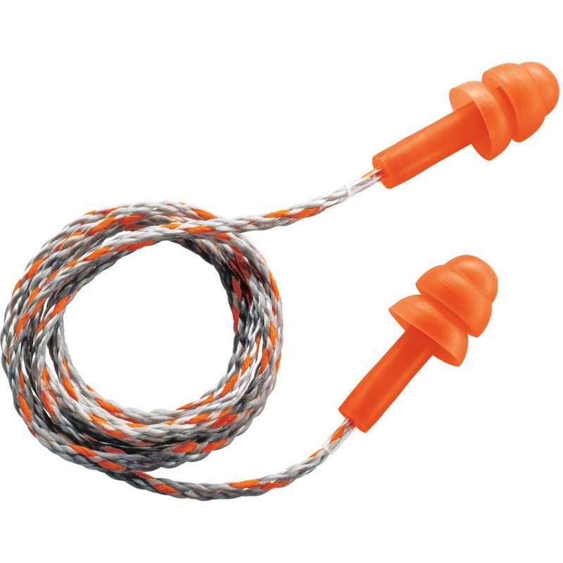 Orange wiederverwendbare Ohrstöpsel mit einer gedrehten Kordel, die zum Gehörschutz entwickelt wurden.