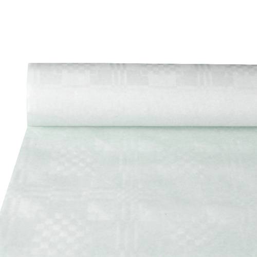 Papiertischtuch mit Damastprägung 10 m x 1,2 m weiss. Material: Papier, recycled. Farbe: weiss