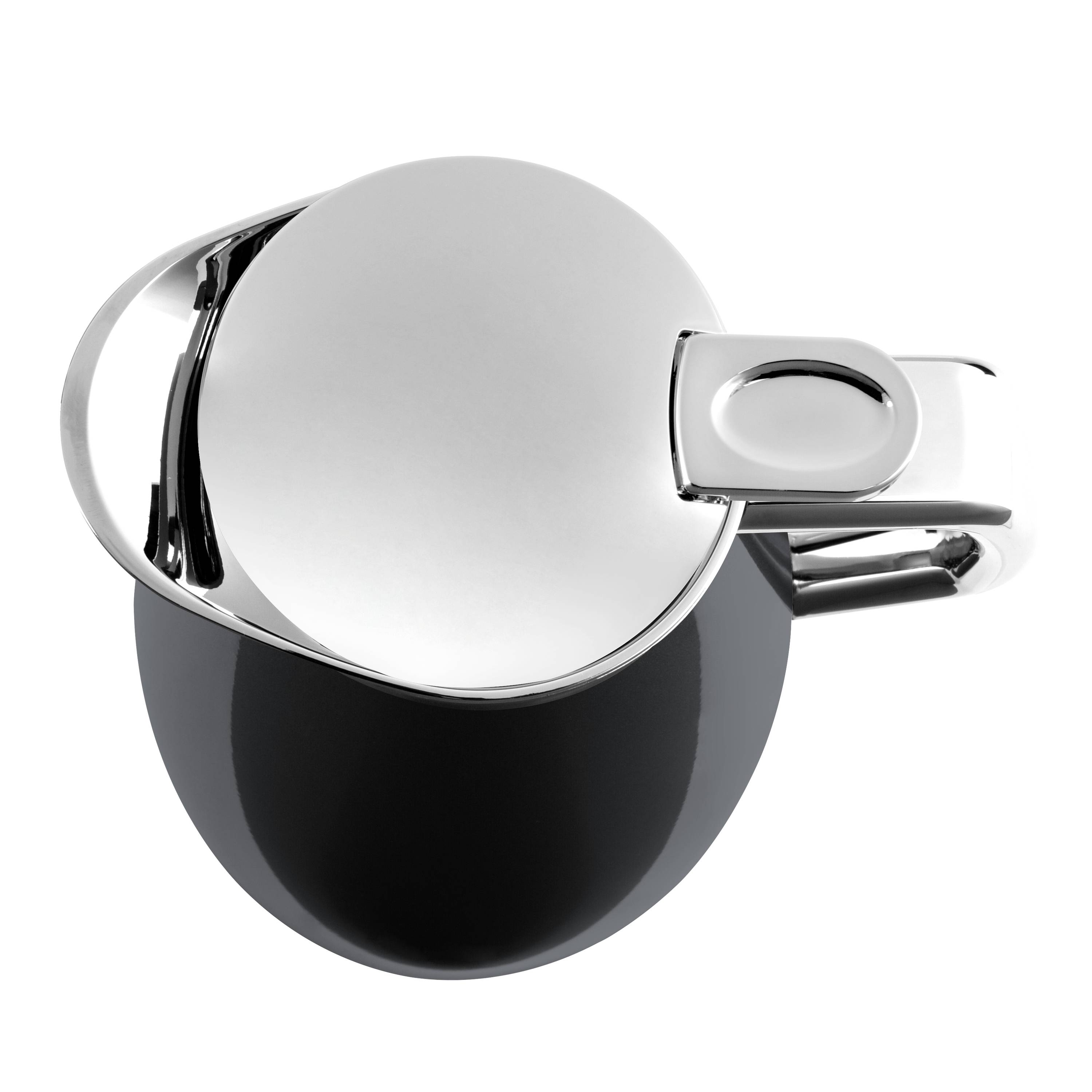 Modernes silber- und schwarzes abstraktes metallisches Objekt, wahrscheinlich eine Nahaufnahme eines Produktfotos auf weißem Hintergrund.