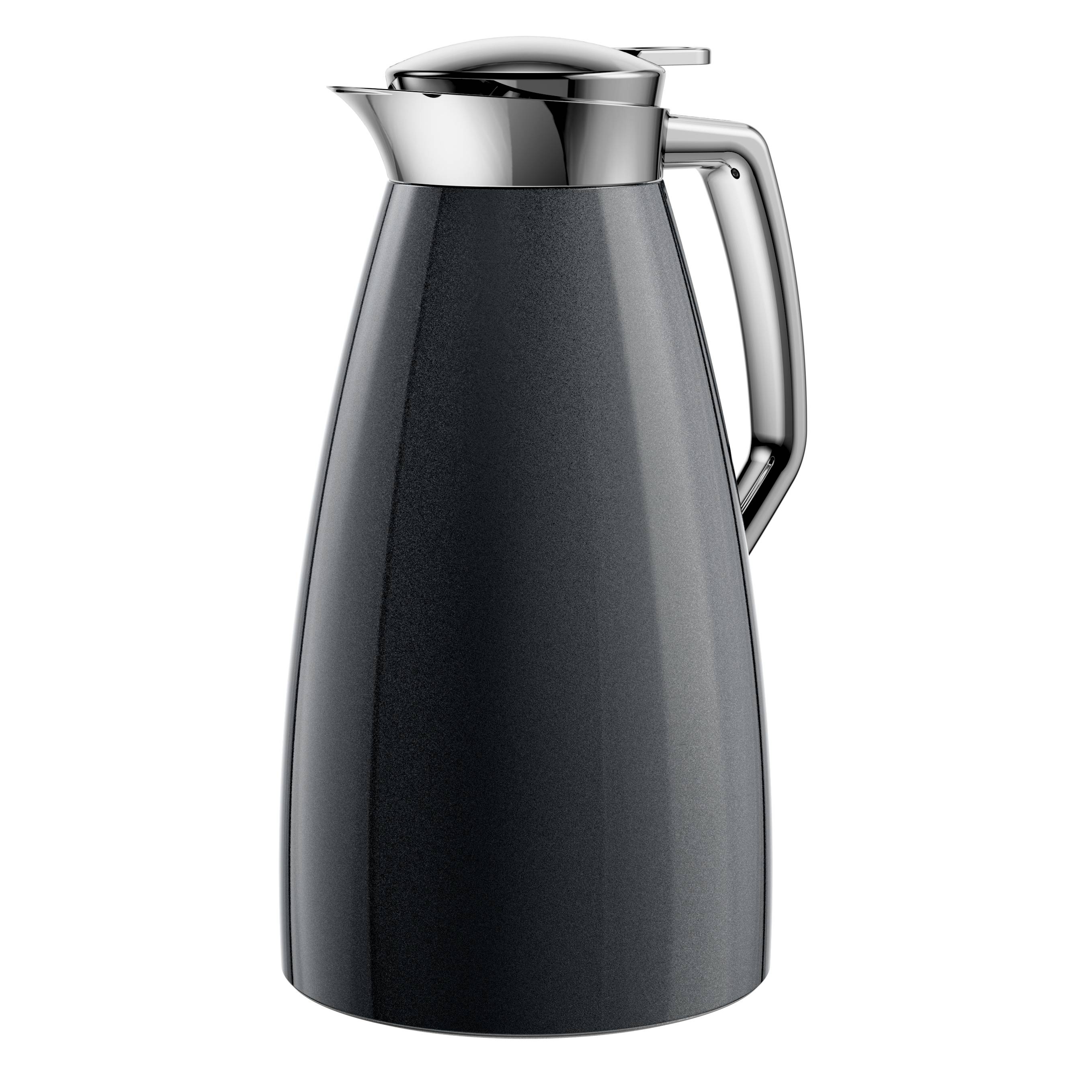 Schwarze isolierte Thermoskanne mit Chromdeckel und Griff auf weißem Hintergrund.