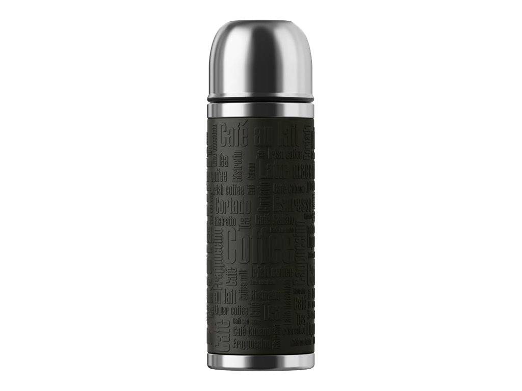 Schwarze isolierte Reisethermoskanne mit silbernem Deckel und Boden auf weißem Hintergrund.