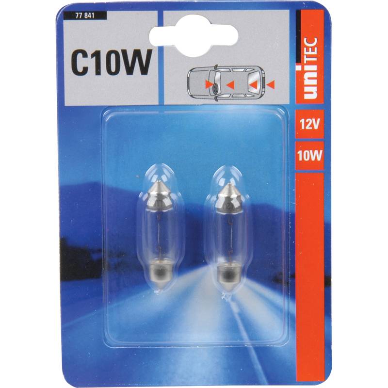 Unitec 12V 10W Autolampen Zweierpack in blauer Verpackung mit Autoillustration, gekennzeichnet als C10W.