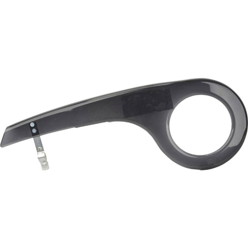 Eine schwarze Fahrradkettenschutzabdeckung aus Kunststoff mit einer Metallhalterung, entwickelt zum Abdecken und Schutz der Kette und der Zahnräder.
