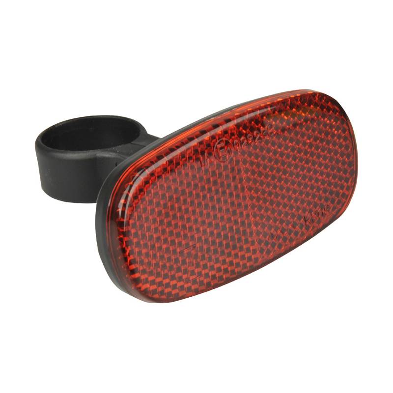 Ein roter Fahrradrückstrahler mit einer schwarzen Befestigungshalterung, der für Rücksichtbarkeit und Sicherheit konzipiert ist.