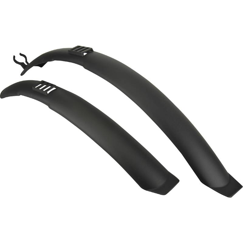 Ein Paar schwarze Fahrradschutzbleche, eines größer und eines kleiner, die so konzipiert sind, dass sie über die Räder passen und vor Schmutz und Wassersprittern schützen.