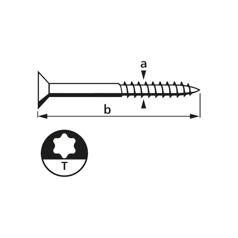 Schraubendiagramm mit Darstellung der Länge (b) und Gewindesteigung (a); enthält ein Torx-Kopfsymbol, gekennzeichnet als T.