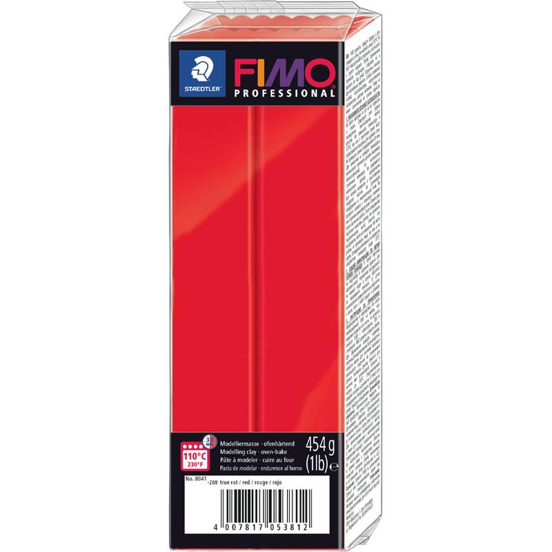 Packung mit Staedtler FIMO Professional rotem Modellierton, 454 g, in einer durchsichtigen Kunststoff- und Kartonschachtel mit Barcode dargestellt.