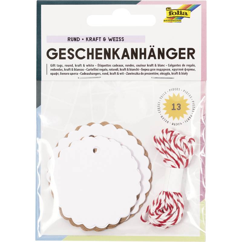folia Geschenkanhänger rund, natur & weiß, inkl. Schnur
