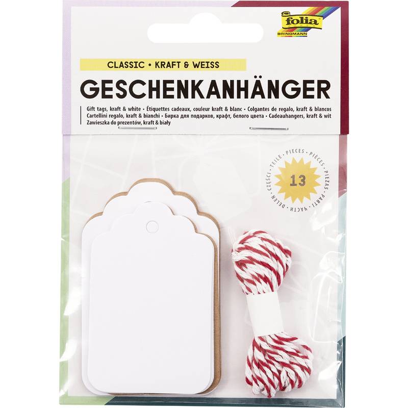 folia Geschenkanhänger lang, natur & weiß, inkl. Schnur