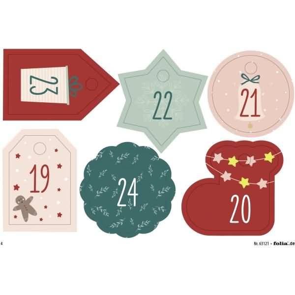 Sortierte dekorative Feiertagsgeschenkanhänger nummeriert 19, 20, 21, 22, 23 und 24 in verschiedenen Formen und Farben.