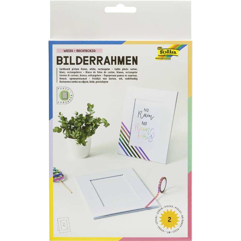Paket für ein weißes rechteckiges Karton-Bilderrahmen-Set, das Muster von eingerahmter Kunst und einen leeren Rahmen in Arbeit mit gestreiftem Eckendesign zeigt.