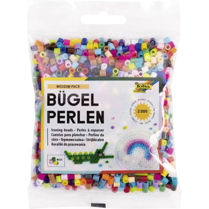 Klare Tasche mit bunten zylindrischen Bügelperlen mit der Aufschrift 