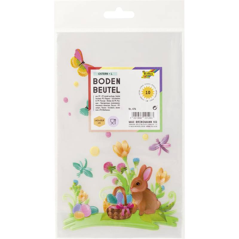 Transparente Oster-Geschenktüte aus Kunststoff mit der Beschriftung 'BODEN BEUTEL' und Frühlings-Dekoration mit Schmetterling und Hase